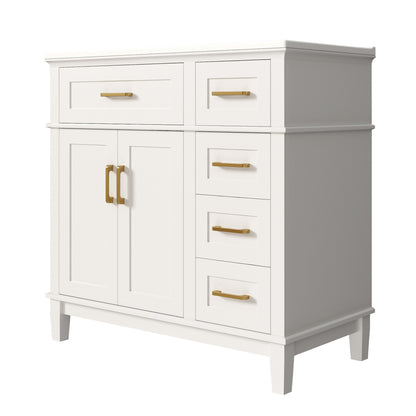 Badezimmer-Unterschrank 90×46×87 cm, weiß lackiert, Keramikwaschbecken, leise Schubladendämpfung, Massivholzbeine, viel Stauraum, goldene Griffe