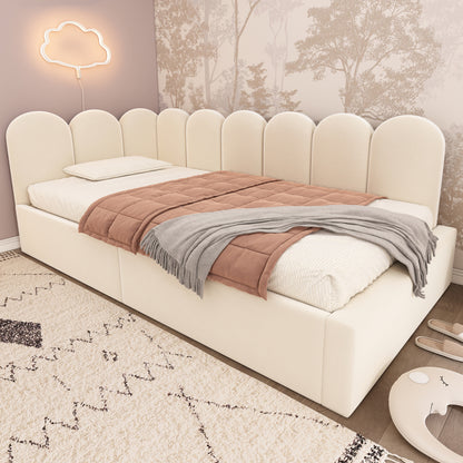 Polsterbett Daybett 90x200 cm,Tagesbett Schlafsofa mit hydraulischem Stauraum, Kinderbett mit Metall-Lattenrost, Samt, Beige, ohne Matratze