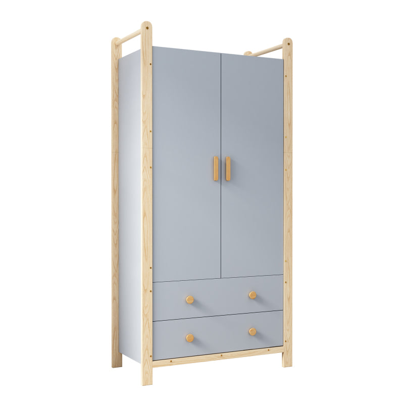 2-türiger Kleiderschrank, Kleiderschrank mit Kleiderstange, für Schlafzimmer, Wohnzimmer, Flurgarderobe geeignet,  blauer Körper + Kieferrahmen