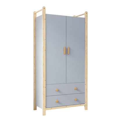 2-türiger Kleiderschrank, Kleiderschrank mit Kleiderstange, für Schlafzimmer, Wohnzimmer, Flurgarderobe geeignet,  blauer Körper + Kieferrahmen
