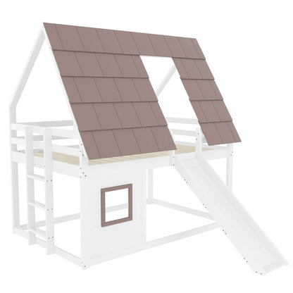 140 x 200 Holzhaus-Etagenbett mit Dach, Leiter und Rutsche, Weiß+Braun