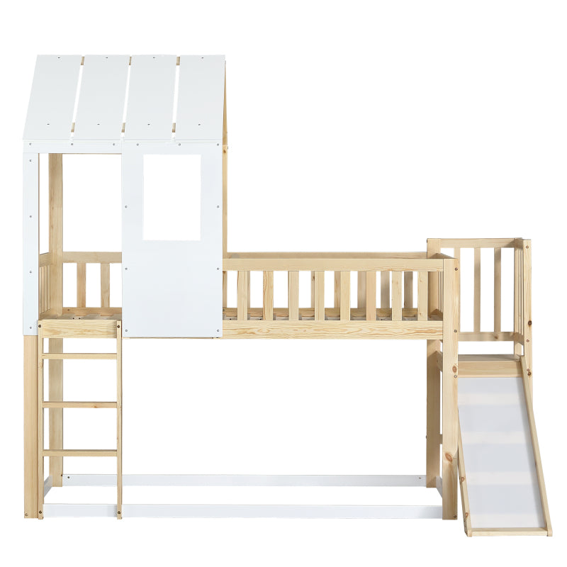 Etagenbett mit rechtwinkliger Leiter und Rutsche, Hausbett mit Dach und Fenster, Kinderbett mit Fallschutz und Gitter, Rahmen aus Kiefer, Natur+Weiß (90x200cm)