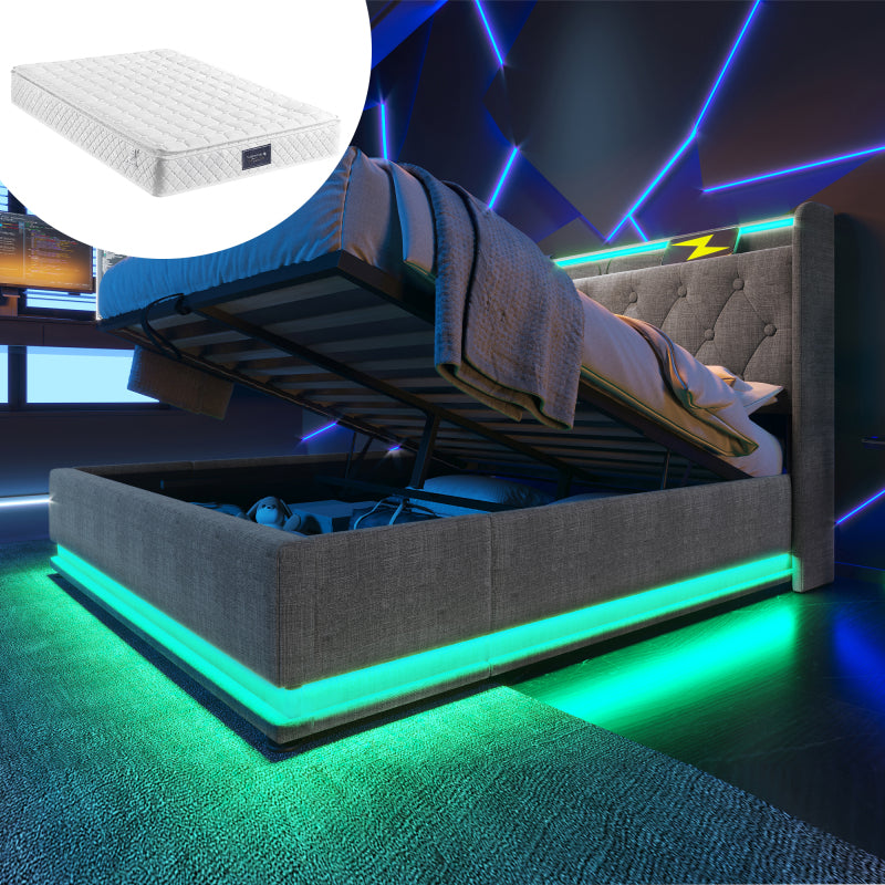 Polsterbett Doppelbett, 360-Surround-LED-Funktion, Drucktaste/App/Fernbedienung,160*200 cm,Grau Leinen-Material Hydraulisches Lagerbett, gepolstertes Kopfteil mit USB Typ-C Ladefunktion(Mit Matratze)