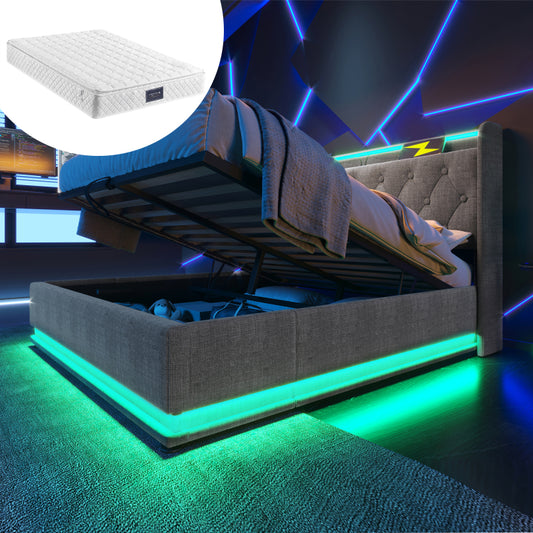 Polsterbett Doppelbett, 360-Surround-LED-Funktion, Drucktaste/App/Fernbedienung,160*200 cm,Grau Leinen-Material Hydraulisches Lagerbett, gepolstertes Kopfteil mit USB Typ-C Ladefunktion(Mit Matratze)