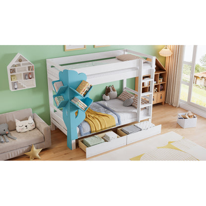 Etagenbett, Kreatives Kinderbett, Bücherregal in Baumform, Offenes Regal, Zwei Schubladen mit Rollen, Mit Fallschutzgitter, Reichlich Stauraum, Kiefer+MDF, Weiß+Blau, 90x200cm