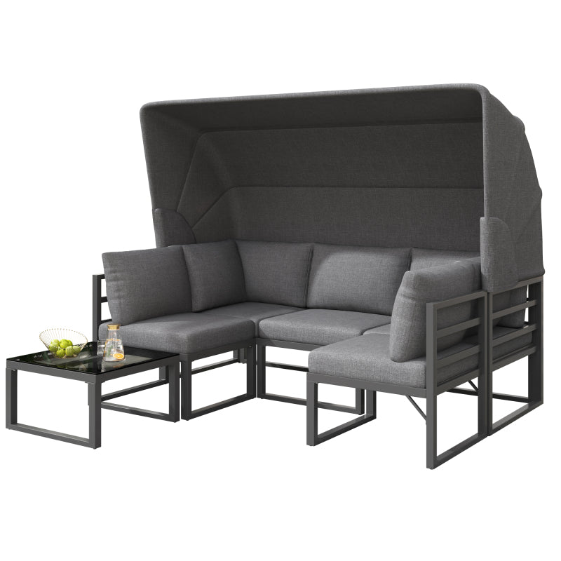 Garten Loungesessel Set, Iron Sunny Island Sitzgruppe Hocker und Tisch mit Markise 4er Set Balkon und Garten Loungemöbel Terrassenmöbel Wetterfest Grau Inkl. aller Kissen(previous sku:HW24006AAA)
