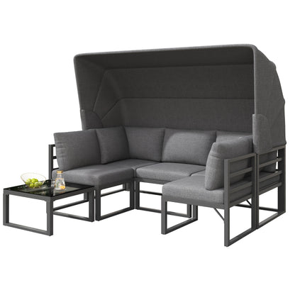 Garten Loungesessel Set, Iron Sunny Island Sitzgruppe Hocker und Tisch mit Markise 4er Set Balkon und Garten Loungemöbel Terrassenmöbel Wetterfest Grau Inkl. aller Kissen(previous sku:HW24006AAA)