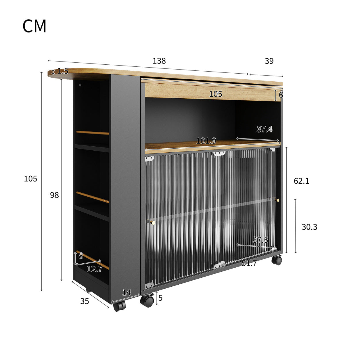 Produkttitel:  Bartisch ausziehbar 138-204cm, fahrbarer Stehtisch mit LED & Changhong-Glas, Küchentisch mit Rollen & Stauraum, Bistro Table, Schwarz