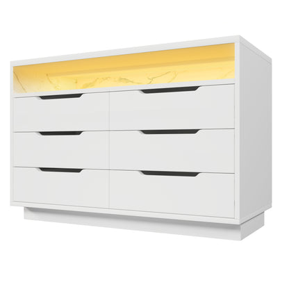Sideboard, Kommode mit LED-Beleuchtung und 6 Schubladen, Staufach mit Marmorkorn, Moderner Schrank für Wohnzimmer und Schlafzimmer, 120x40x85cm, Weiß
