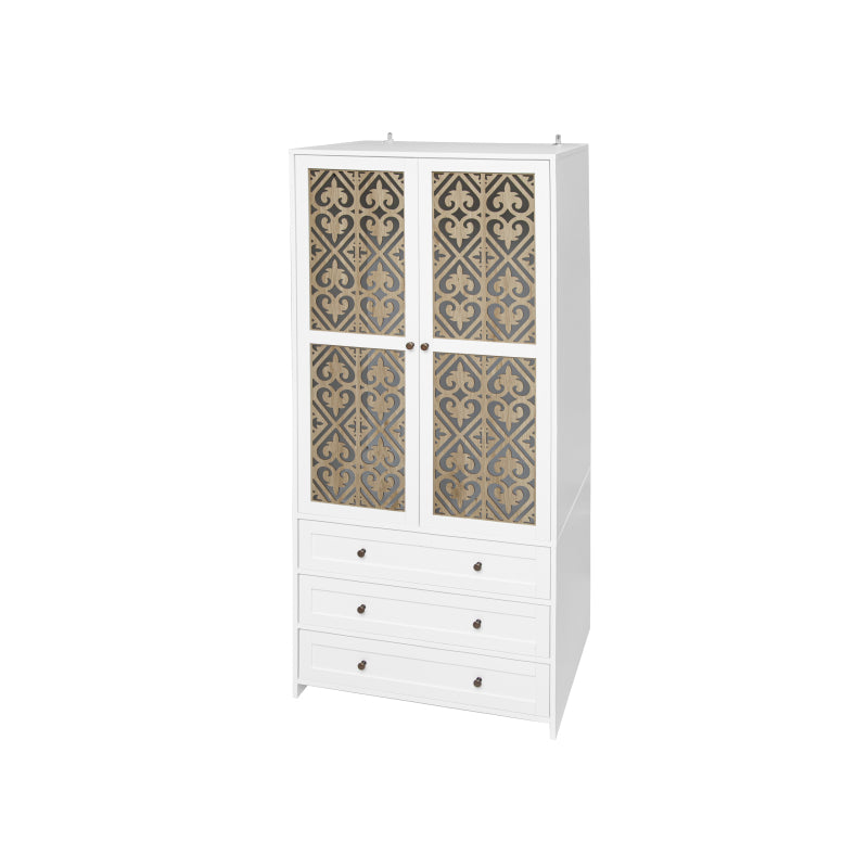 Weißer Aufbewahrungsschrank mit Schnitzmuster – Boho-Garderobenschrank mit Rattangeflecht, 3 Schubladen und Kleiderstange aus Aluminiumlegierung – ideal für Wohnzimmer, Schlafzimmer, Büro oder Arbeits