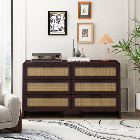 130CM Arc Shaped Corner Rattan Cabinet, 6-Drawers Rattan Storage Cabinet Rattan Drawer, for Living Room Bedroom,and Kitchen, Reddish-brown, Brown