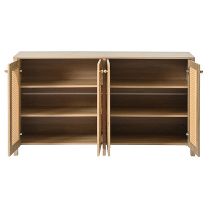 Modernes Sideboard im minimalistischen Stil 4-Rattantür, Metallgriff einfaches Buffetschrank für Esszimmer, Wohnzimmer, Küche (Naturholz)