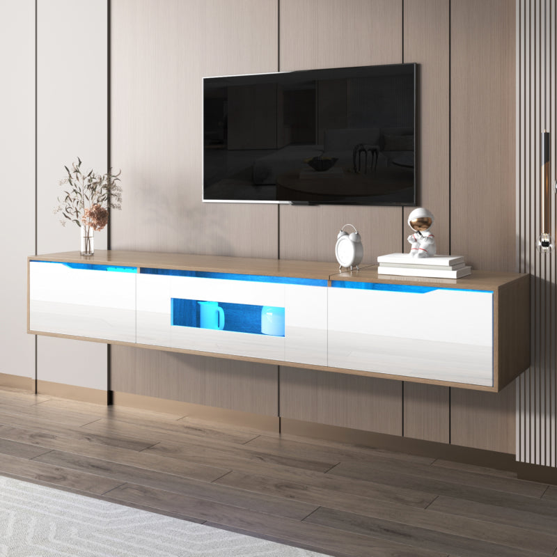TV-Schrank, Hochglanz-TV-Schrank, farblich passend zu Hochglanz-Weiß und Holzfarbe, mit farbwechselndem LED-Licht.