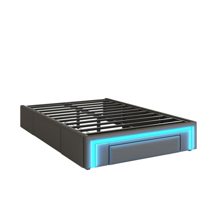 Bettgestell 90X200 mit Schubladen, PU-Leder Bett ohne Kopfteil Mit LED-Lichtleiste, MetalllattenPlattformbett für moderne Schlafzimmer Grau