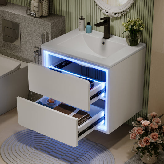 60x46x50cm Wandhängend Badezimmerschränke, komplett lackiert, LED-Radarsensor-Beleuchtung, zwei Schubladen, leise Gleitschienen, Waschtisch,integriertes Waschbecken, weiß