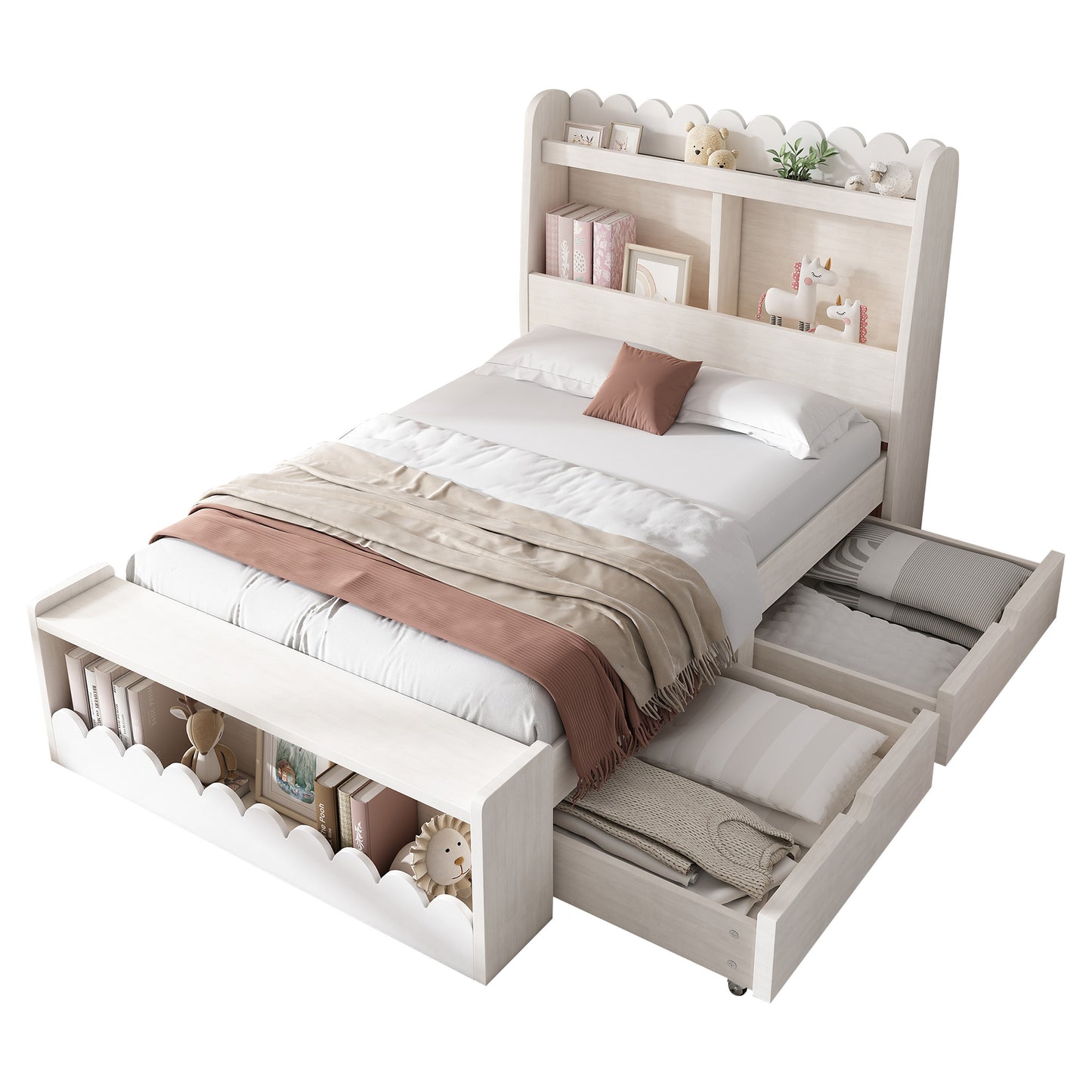 Kinderbett Einzelbett Stauraumbett mit Schubladen, Regal und Sitzbank mit Stauraum, Holzbett 90x190 cm, Weiß mit Eichefarben (Ohne Matratze)