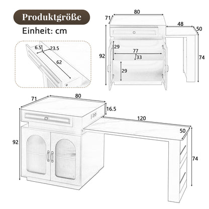 Kücheninsel mit Rollen, ausziehbarer Esstisch 128–200 cm mit LED & Steckdosen, Bartisch/Sideboard