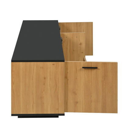 TV-Schrank mit einer Schublade, drei Türen, zwei offene Fächer mit Glas TV-Möbel, TV-Board, TV-Lowboard Feinstruktur. Schwarze und natürliche Holzfarben. 15 variable LED-Leuchten.