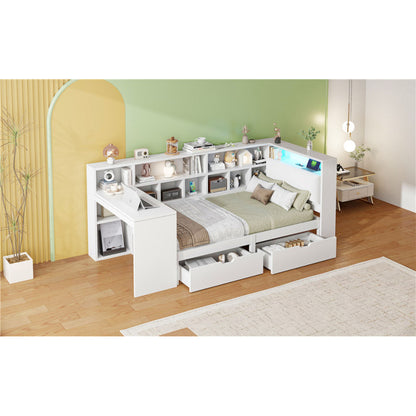 90x200 L-förmiges Holz-Plattformbett mit Schreibtisch und Bücherregal, Eck-Kapitänsbett mit gepolstertem Kopfteil, Schubladen unter dem Bett, LED-Licht - Weiß
