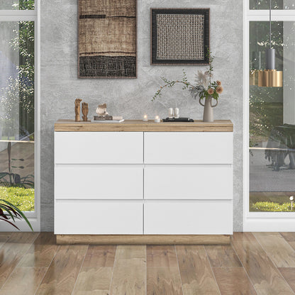 Kommode mit 6 Schubladen, Schließfach,Funktion von Aufbewahrung, für Schlafzimmer und Wohnzimmer, E1-Spanplatte, weiß+oak