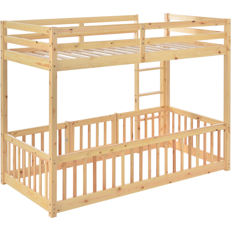 Etagenbett mit rechtwinkliger Treppe, Bett mit Zäune und Türchen, Kinderbett mit Fallschutz und Gitter, Massivholz, natur (200x90cm)
