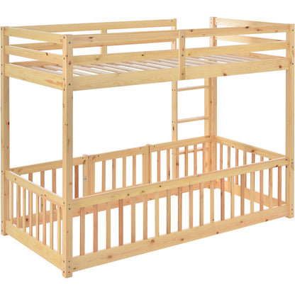 Etagenbett mit rechtwinkliger Treppe, Bett mit Zäune und Türchen, Kinderbett mit Fallschutz und Gitter, Massivholz, natur (200x90cm)