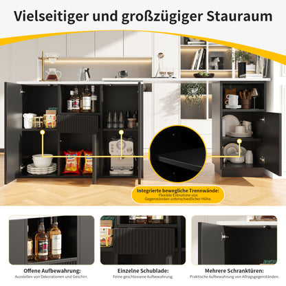 Um 360° drehbarer Bartisch (Hauptkörper 198,5 x 30 x 75 cm), modernes und schlichtes schwarzes Design, mit offenem Stauraum und Marmor-Arbeitsplatte, multifunktionale Aufbewahrungsinsel, geeignet für