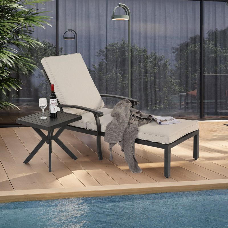 Lounge Patio Chair with Cotton Cushion, Adjustable Reclining Rust-Resistant Aluminum  Poolside Chaise Lounge Furniture, Waterproof Beige Cushion (1pc)