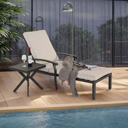Lounge Patio Chair with Cotton Cushion, Adjustable Reclining Rust-Resistant Aluminum  Poolside Chaise Lounge Furniture, Waterproof Beige Cushion (1pc)