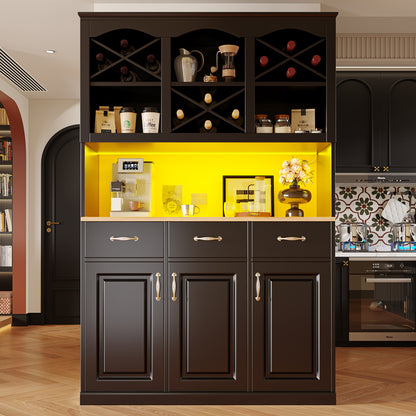Küchenschrank 120x180cm LED, Hohes Buffet Schwarz, 3 Türen & 3 Schubladen, App-Steuerung, MDF Mehrzweckschrank
