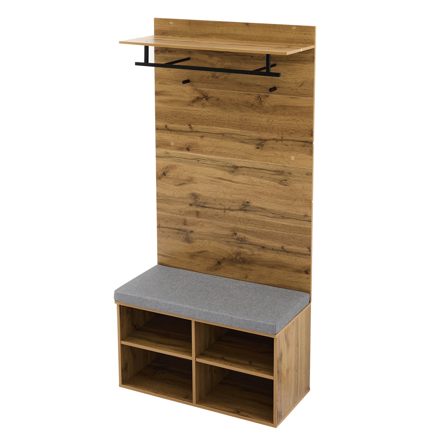 Garderobenset in Holzoptik mit Schuhbank, verstellbarem Regal, Kleiderstange und Polster, Praktische Flurmöbel