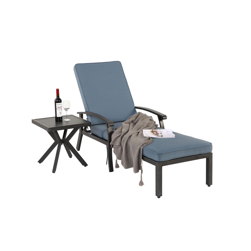 Lounge Patio Chair with Cotton Cushion, Adjustable Reclining Rust-Resistant Aluminum  Poolside Chaise Lounge Furniture, Waterproof Blue Cushion (1pc)