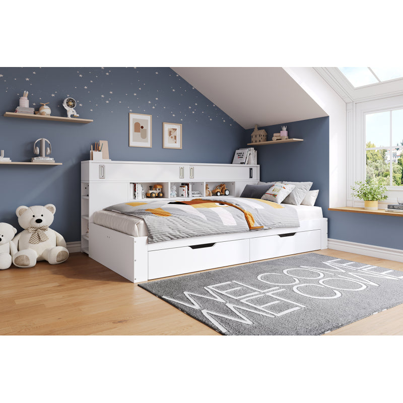 Daybed,Kinderbett,90*200cm,Einzelbett,Multifunktionales Kinderbett mit Schubladen,Bücherregal und Stauschrank,Bettkasten mit Stauraum,ohne Matratze,weiß
