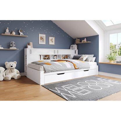 Daybed,Kinderbett,90*200cm,Einzelbett,Multifunktionales Kinderbett mit Schubladen,Bücherregal und Stauschrank,Bettkasten mit Stauraum,ohne Matratze,weiß
