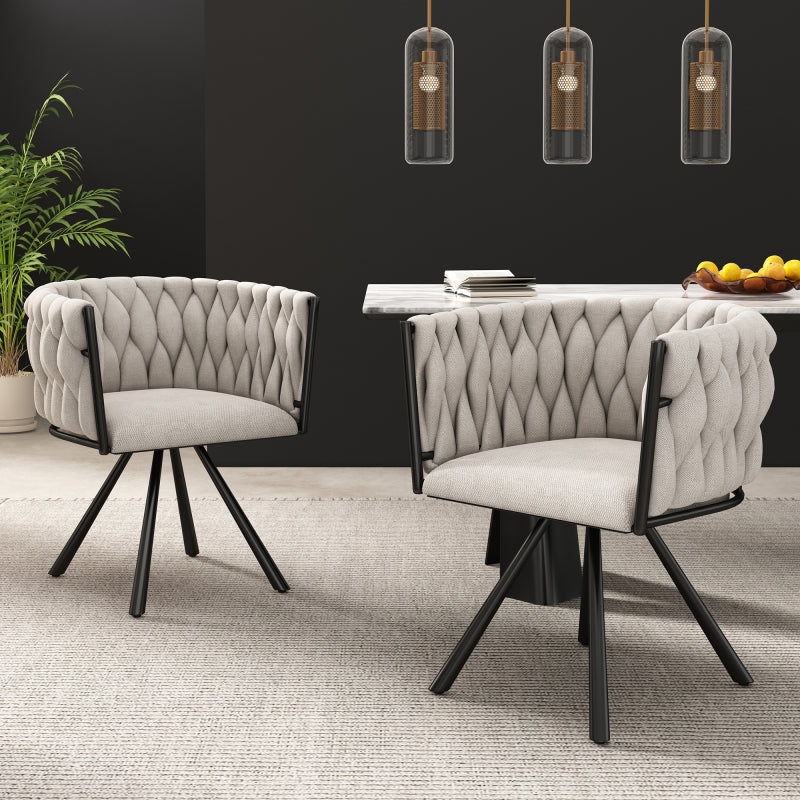 Leinen-Esszimmerstuhl, 2er set, Freizeit-Drehstuhl mit vier Stützbeinen aus Metall,Leinen beige und schwarz