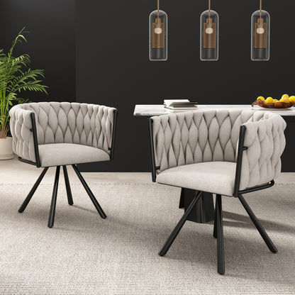Leinen-Esszimmerstuhl, 2er set, Freizeit-Drehstuhl mit vier Stützbeinen aus Metall,Leinen beige und schwarz