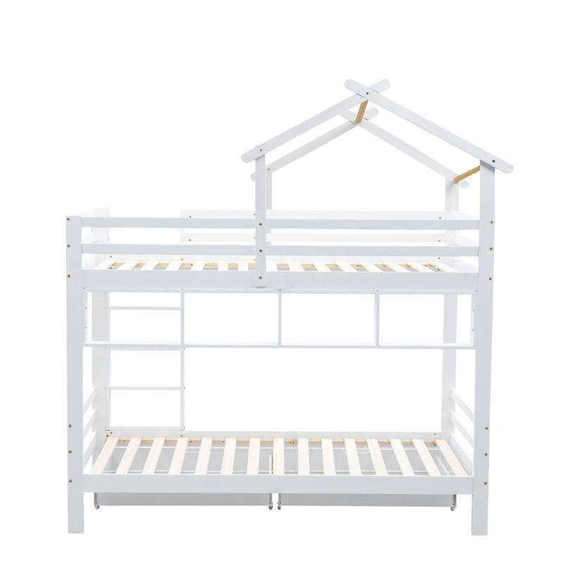 Etagenbett mit Schubladen und Regalen, Hausbett mit dreistufige rechtwinklige Leiter, Kinderbett mit Fallschutz und Gitter, Rahmen aus Kieferholz, Weiß (90x200cm)