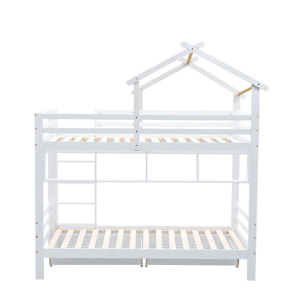 Etagenbett mit Schubladen und Regalen, Hausbett mit dreistufige rechtwinklige Leiter, Kinderbett mit Fallschutz und Gitter, Rahmen aus Kieferholz, Weiß (90x200cm)