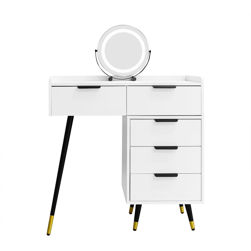 Weißer Schminktisch(Ohne Stühle), Enthält ausziehbare Seitenschränke, mit Spiegel einstellbare Helligkeit, mit 5 Schubladen, Großer Frisierkommode Schlafzimmermöbel Vanity, Weiß