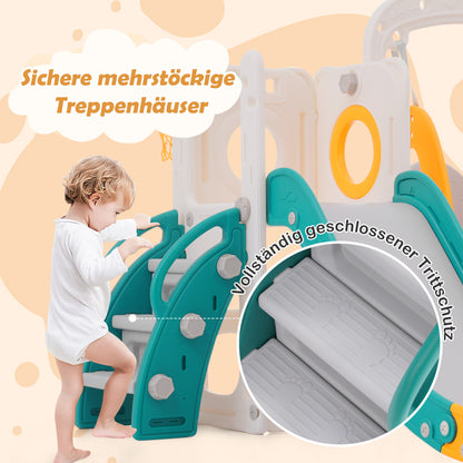 7-in-1-Rutsche für Kinder, bestehend aus Rutsche, Schaukel, Plattform, Unterschrank, Lochbohrspiel, Basketballkorb und Treppe - hochdichtes Polyethylen (Ozeanball nicht enthalten)