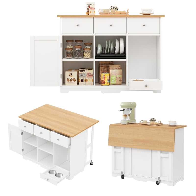 Küchenwagen, mobiler Servierwagen, Kücheninsel mit Schublade, Küchenschrank mit Haustierfressnapf/Haustieressbereich, 120*70*90cm, weiß