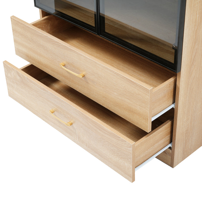 Badezimmerschrank, mittel, mit Lichtleiste, 75 cm breit, mit 2 großen Schubladen und 2 Türen, Glastür