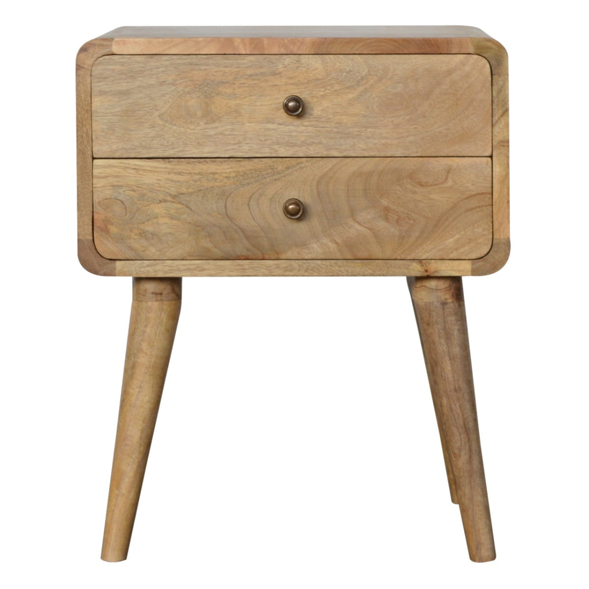 Nachttisch aus massivem Mangoholz – Oak-ish Finish, Curved Design, 2 Schubladen, Handgefertigt, Skandinavischer Stil, 45x35x55 cm