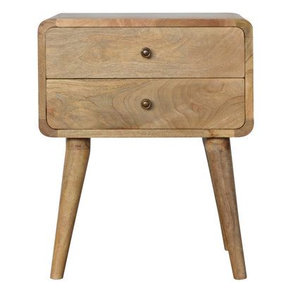 Nachttisch aus massivem Mangoholz – Oak-ish Finish, Curved Design, 2 Schubladen, Handgefertigt, Skandinavischer Stil, 45x35x55 cm