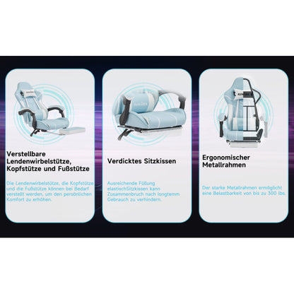 Gaming Stuhl Computerstuhl Ergonomischer Gaming Chair mit Fußstütze Bürostuhl Ergonomischer Computerstuhl mit Lendenwirbelstütze Bluewhite