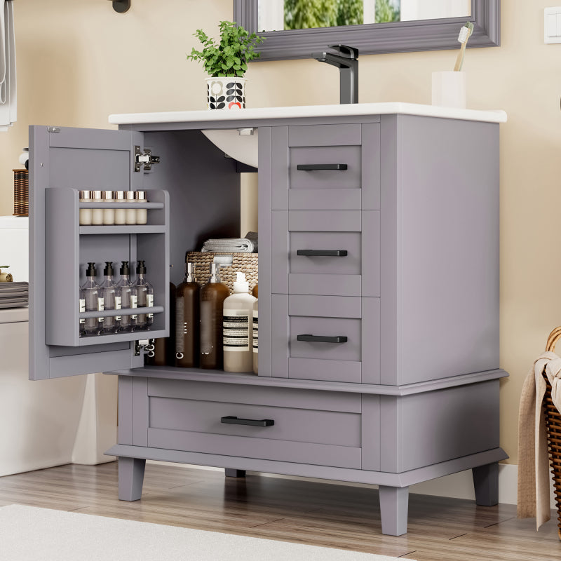 Bodenstehender Badezimmerschrank mit Waschbecken, Waschtisch, komplett lackiert, Türregal, drei geräuschlose Schubladen, integriertes Keramikwaschbecken, Grau