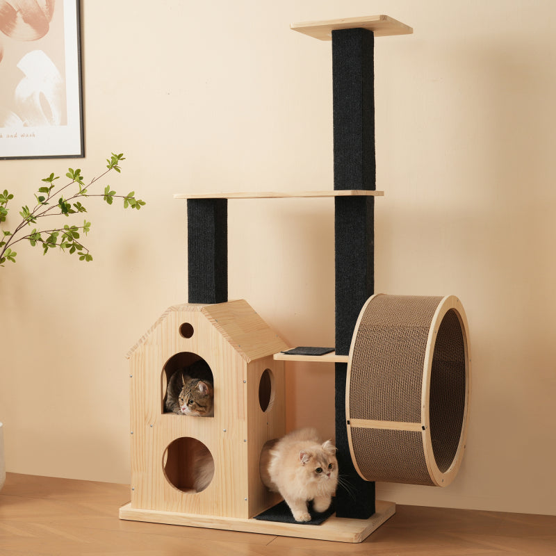 Katzenbaum aus Massivholz mit Laufrad mit 4 Plattformen, 2 Katzenhäusern, Sisalpfosten & waschbaren Kratzmatten, 80×40×152 cm