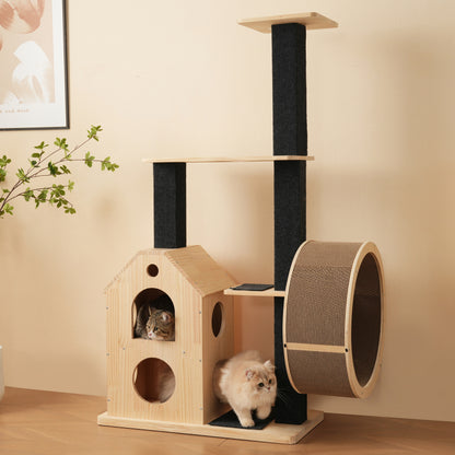 Katzenbaum aus Massivholz mit Laufrad mit 4 Plattformen, 2 Katzenhäusern, Sisalpfosten & waschbaren Kratzmatten, 80×40×152 cm