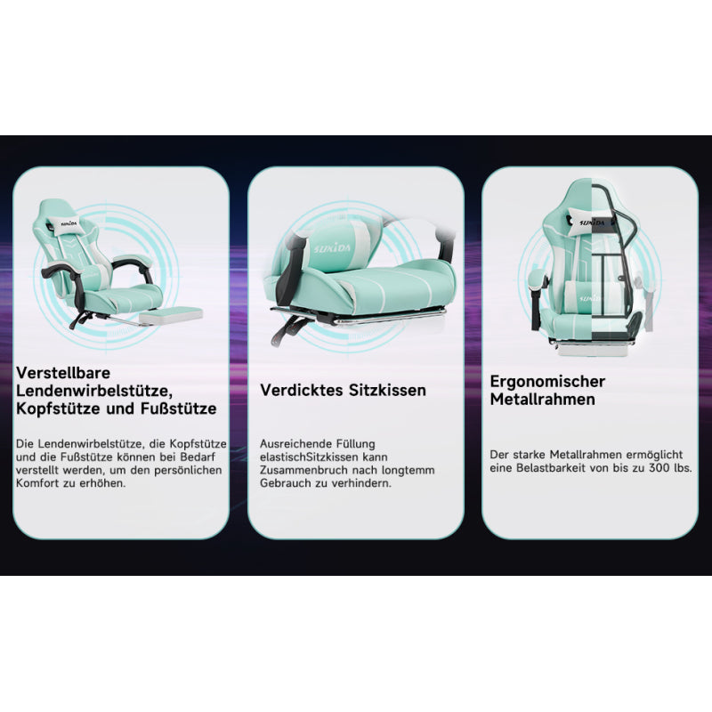 Gaming Stuhl Computerstuhl Ergonomischer Gaming Chair mit Fußstütze Bürostuhl Ergonomischer Computerstuhl mit Lendenwirbelstütze, Mintgrün