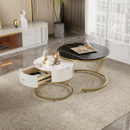 Eleganter zusammensetzbarer Couchtisch: Marmoroptik, Golddekor, Beistelltisch mit Schubladen – 2er-Set